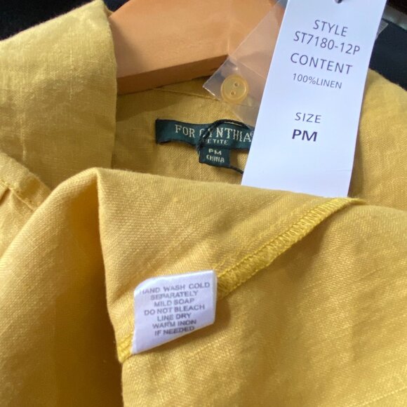 size PM petite medium NWT For Cynthia mustard yellow linen short slv button blou - Picture 4 of 4